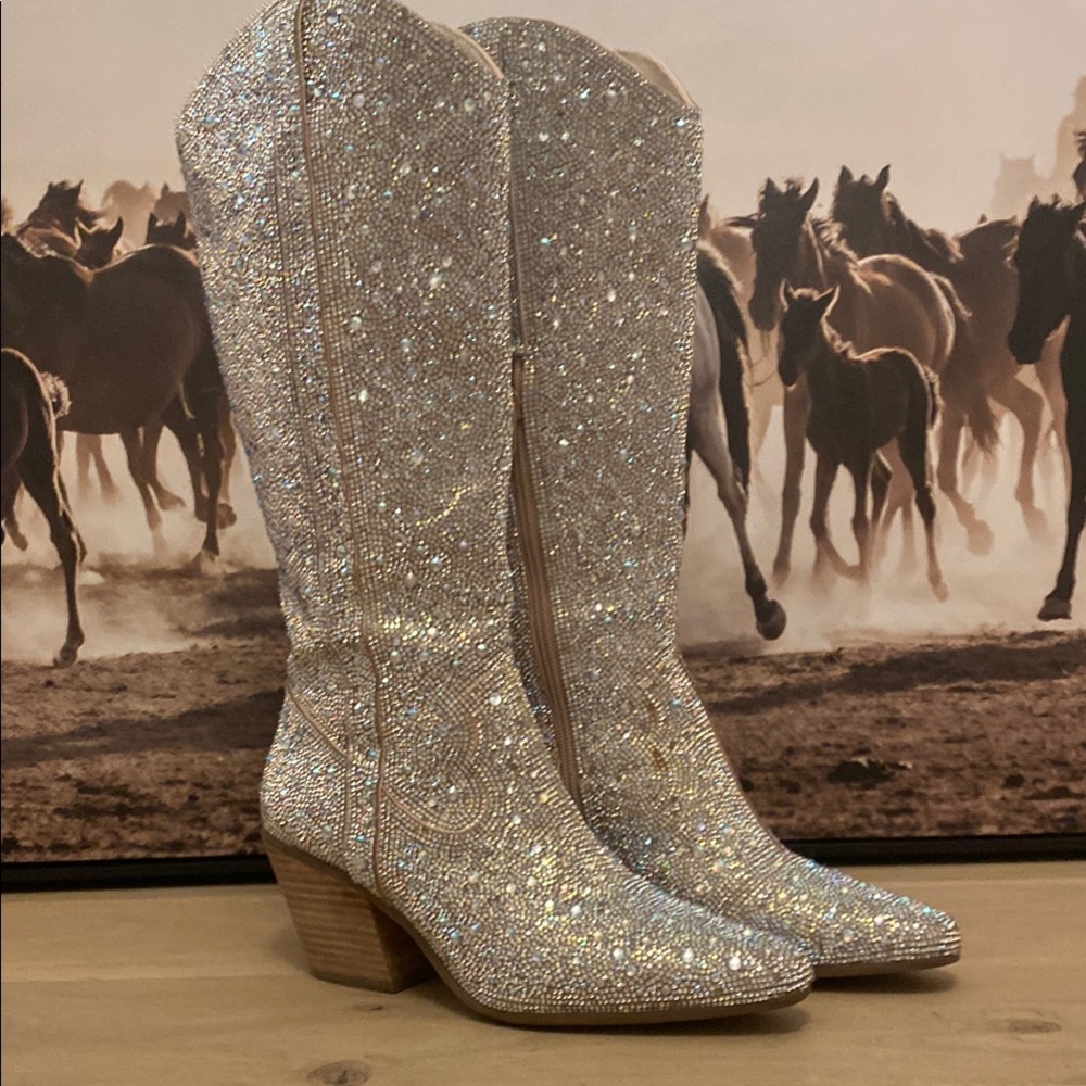 Silver Heeled Boots with Glitter Western Style